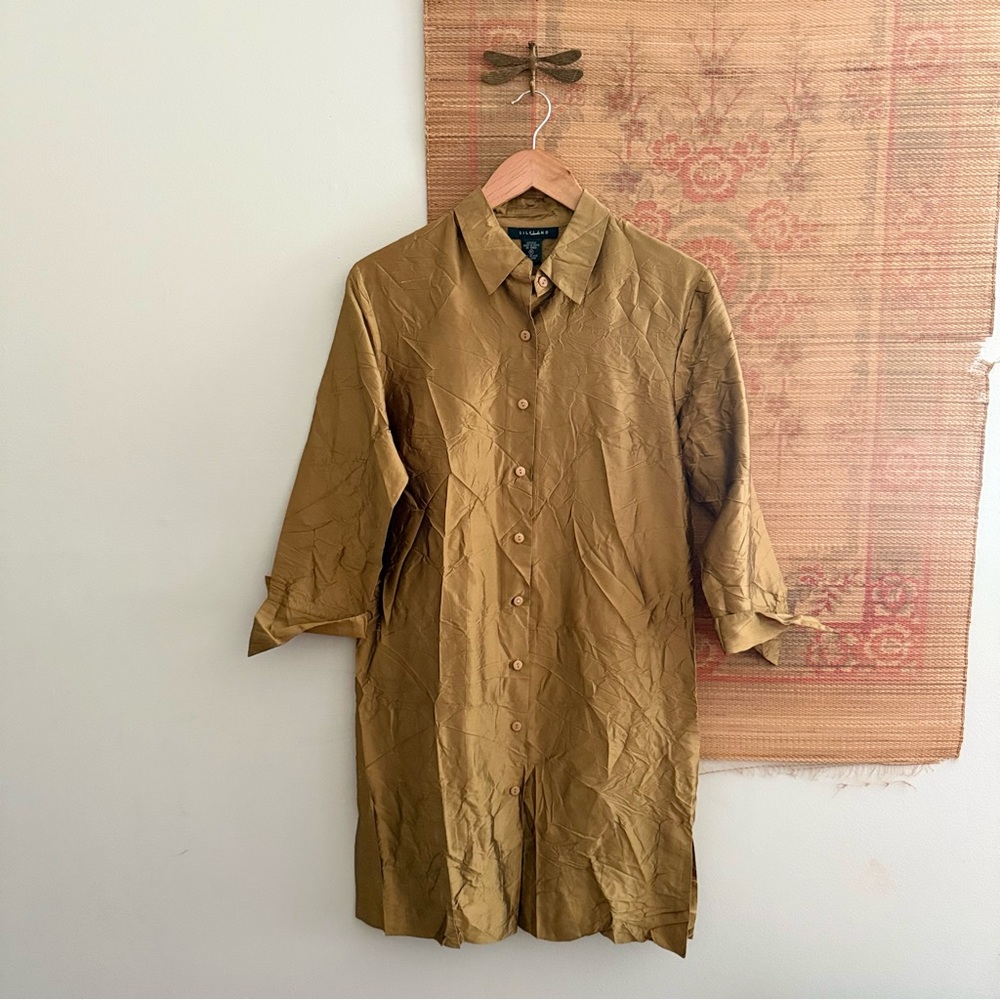 Vintage Unlined Olive Gold Silk Crinkle Button Down Shirt Dress Medium